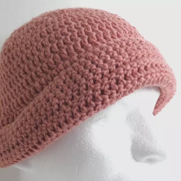 Pink Bucket Hat WOOL Roll Up Brim Beanie OS Cap Handmade Crochet Hand Knit NWT - Picture 5 of 11